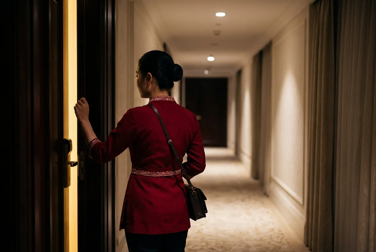 Therapist knocking at a hotel room door with her massage bag