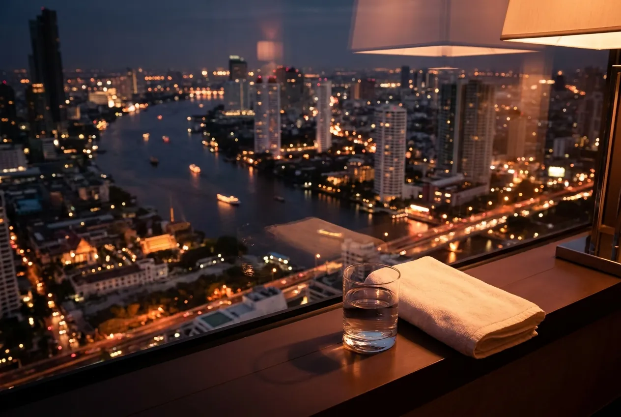 Bangkok and the river at night seen from a hotel window