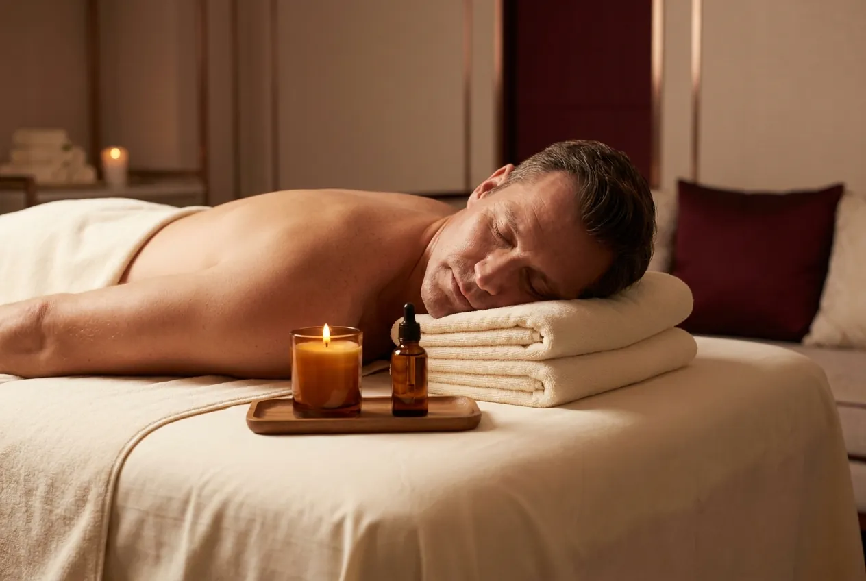 Guest resting on folded towels after a massage, a candle beside him