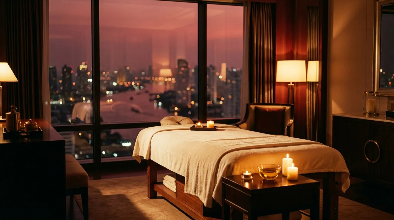 Massage table in ivory linen with candles in a Bangkok hotel suite at night