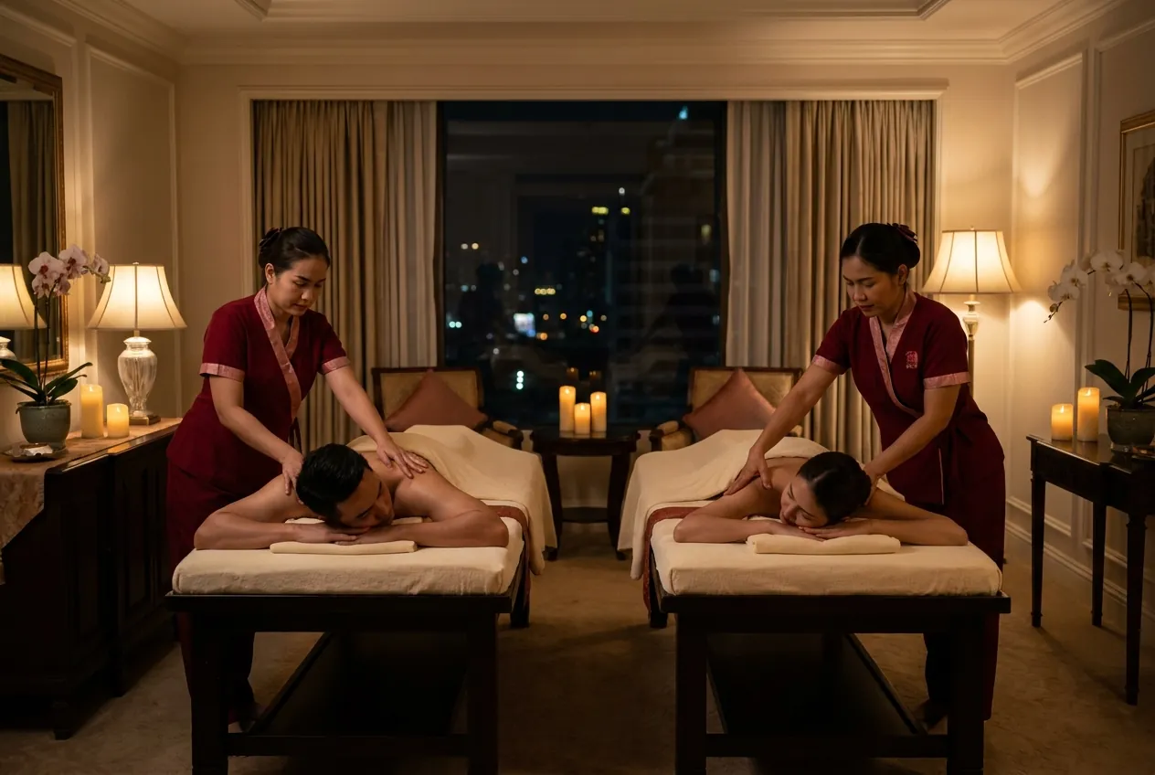 Two therapists giving a couples massage side by side in a hotel suite