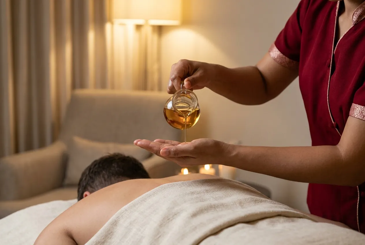 Therapist pouring warm massage oil into her hand