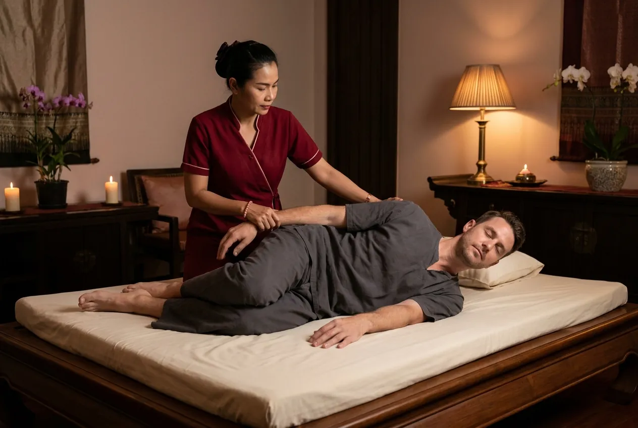 Therapist giving a traditional Thai massage stretch in a hotel room