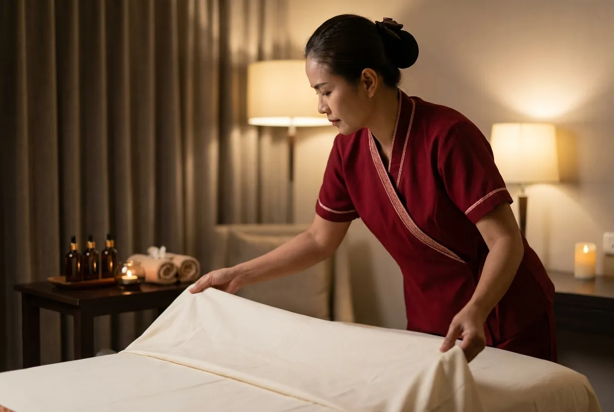 Therapist laying fresh linen on the massage table before the massage